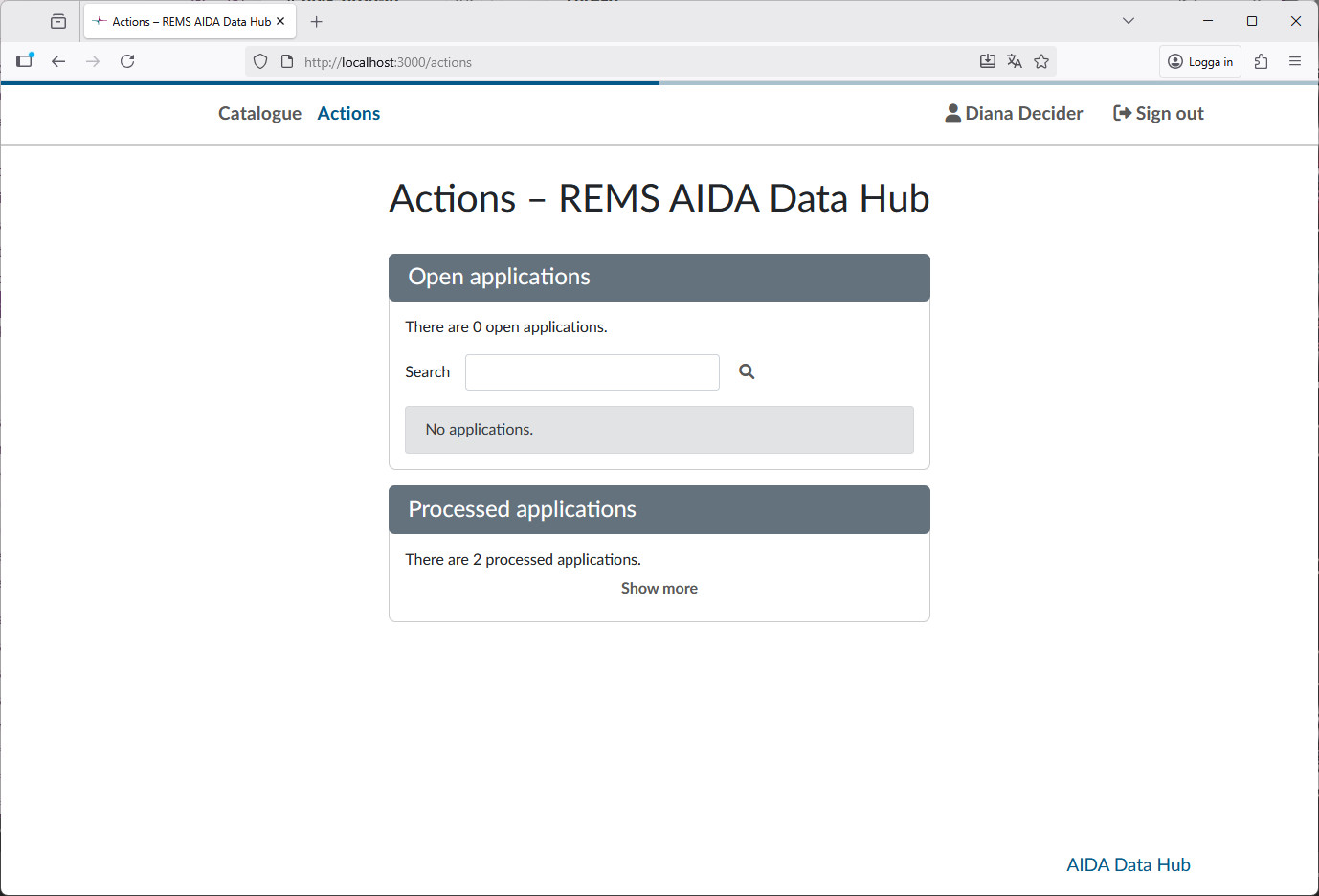 View of the Actions section after all applications has been decided on, listing no further applications