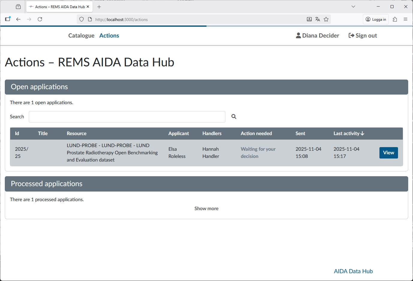 View of the Actions section as a decider, listing an applications for the decider to act on