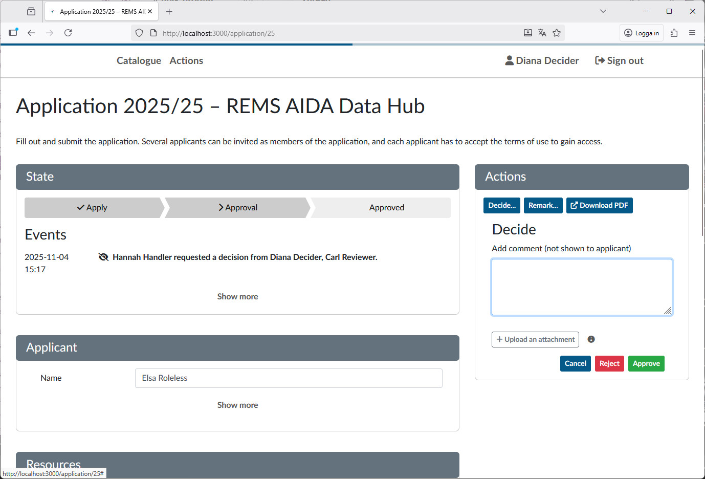 View of a submitted application, with the decide action in progress, showing buttons to cancel, reject or approve