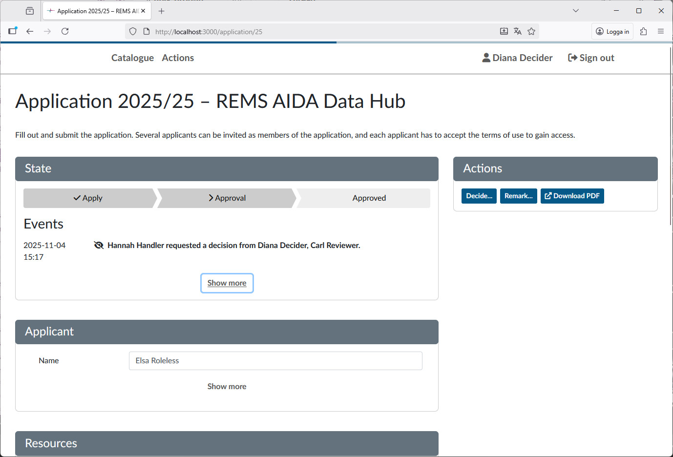 View of a submitted application as a decider, showing events on the top