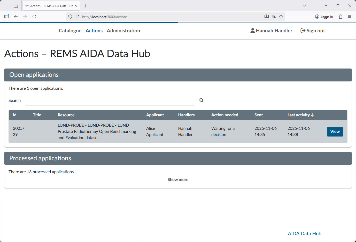 View of Action section, showing an application which is waiting for deciders