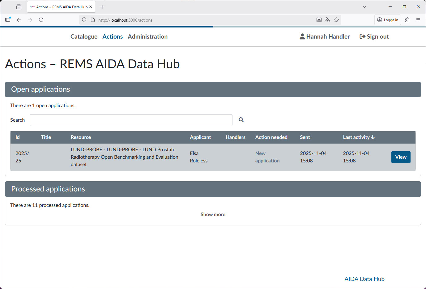 Display of the actions section, showing the applications for a handler to act on
