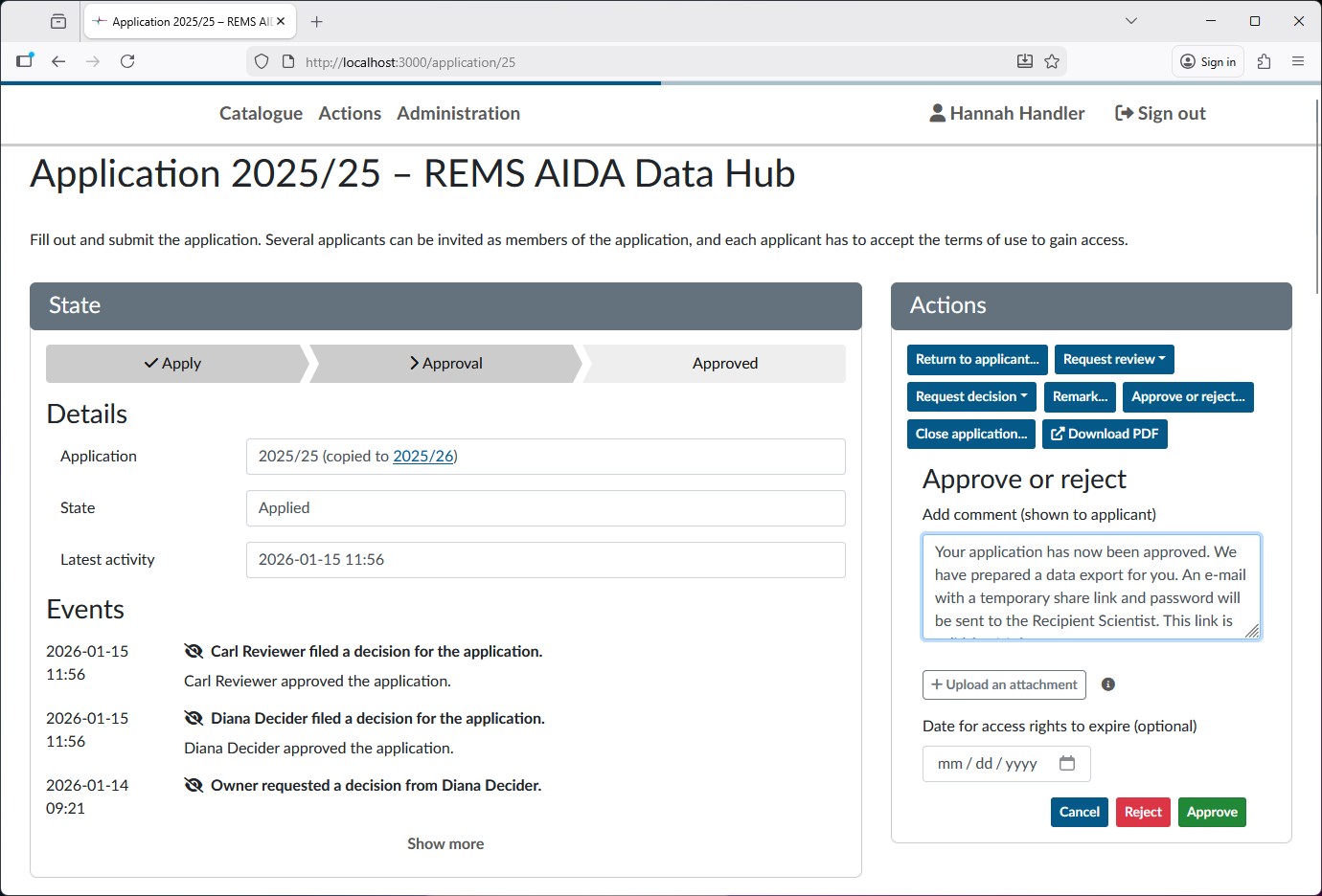 View of submitted application, after the approval action has been initiated by the handler with the comment field filled in