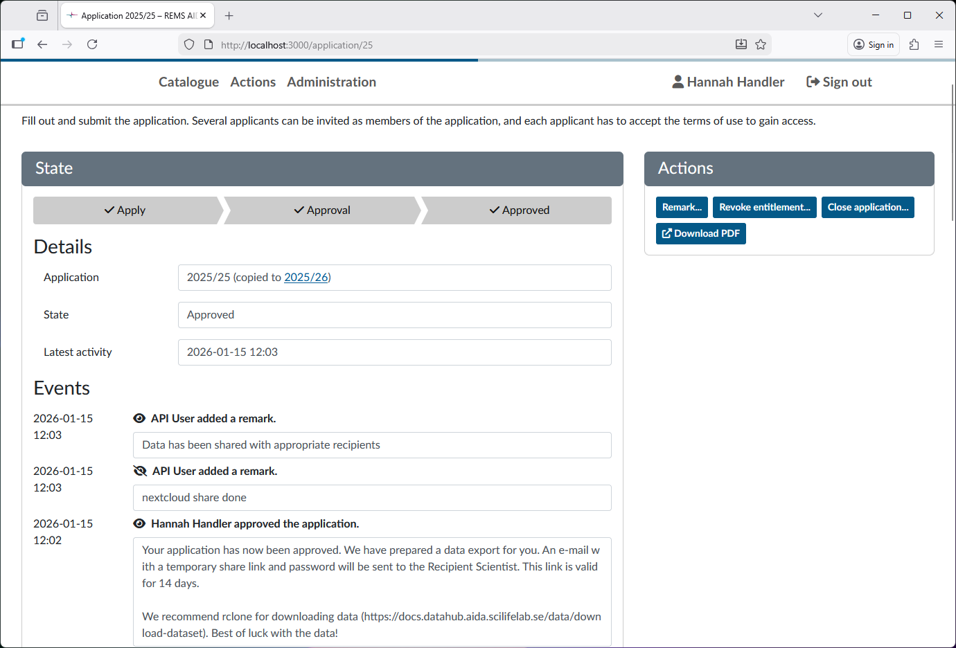 View of approved application, after the management script has shared the data