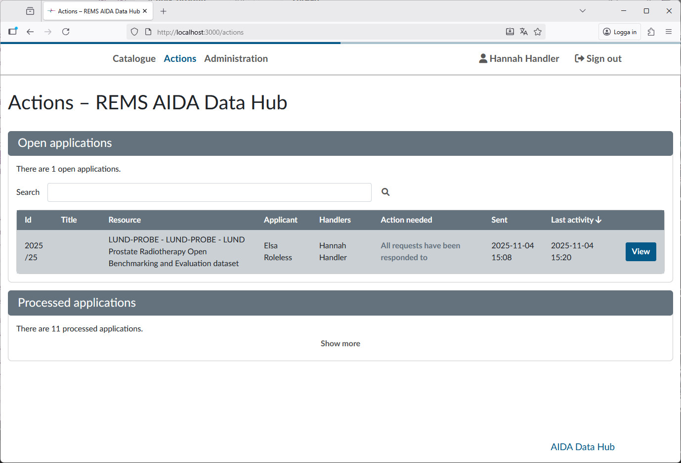 View of the Actions section showing that deciders has responded to an application