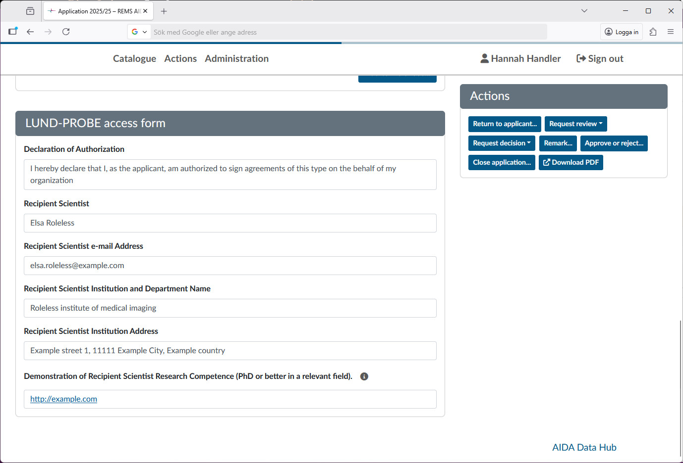 View of submitted application, showing a form with details about the recipient scientist