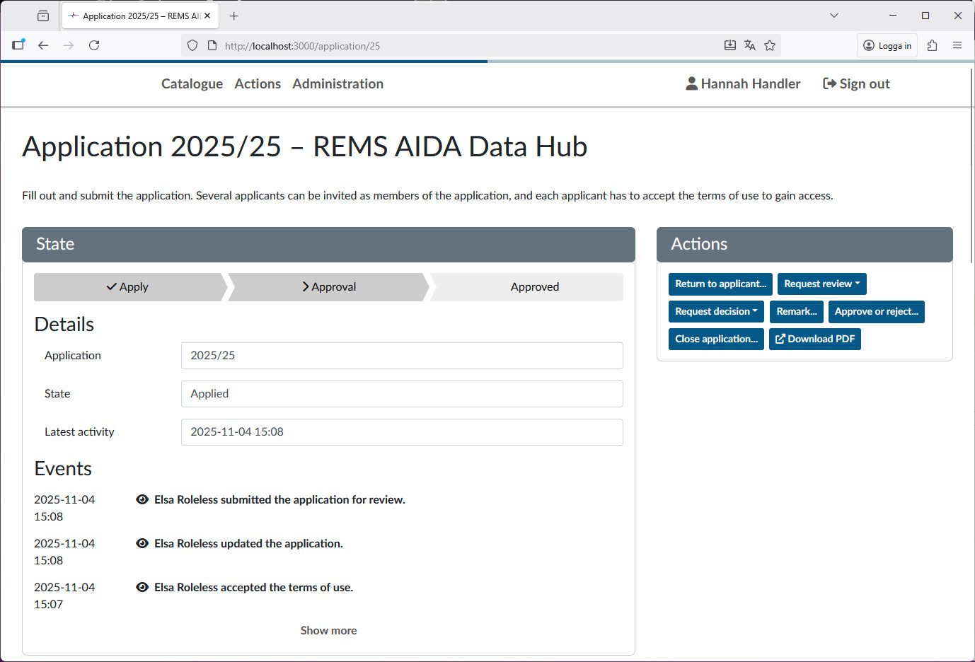 View of a submitted application, showing a list of events for the application