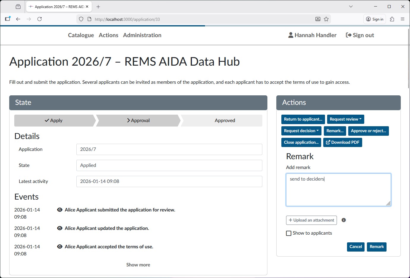 View of a submitted application, in the process of adding the "send to deciders" remark