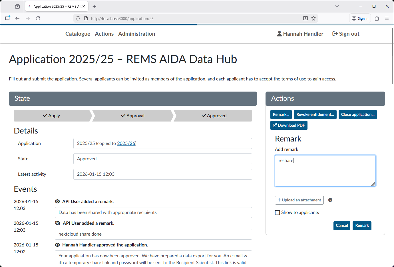 View of approved application, with the remark action initiated and "reshare" filled in the field.