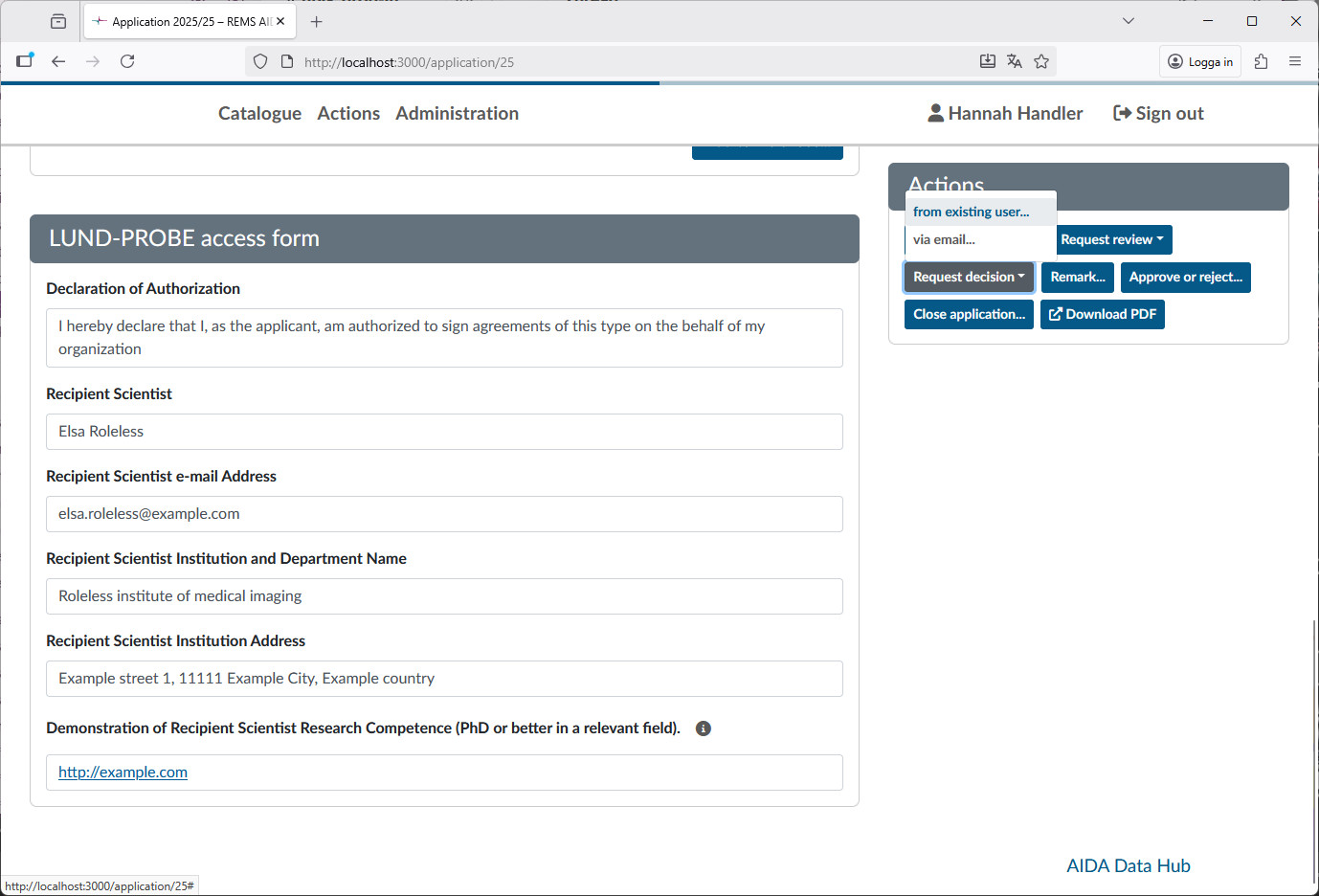 View of a submitted application, with the "Request decision" action highlighted