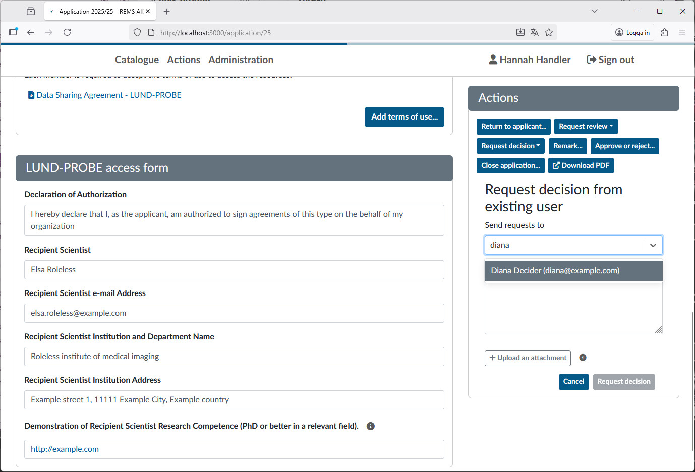 View of a submitted application, in the process of selecting deciders by choosing from a list of existing users