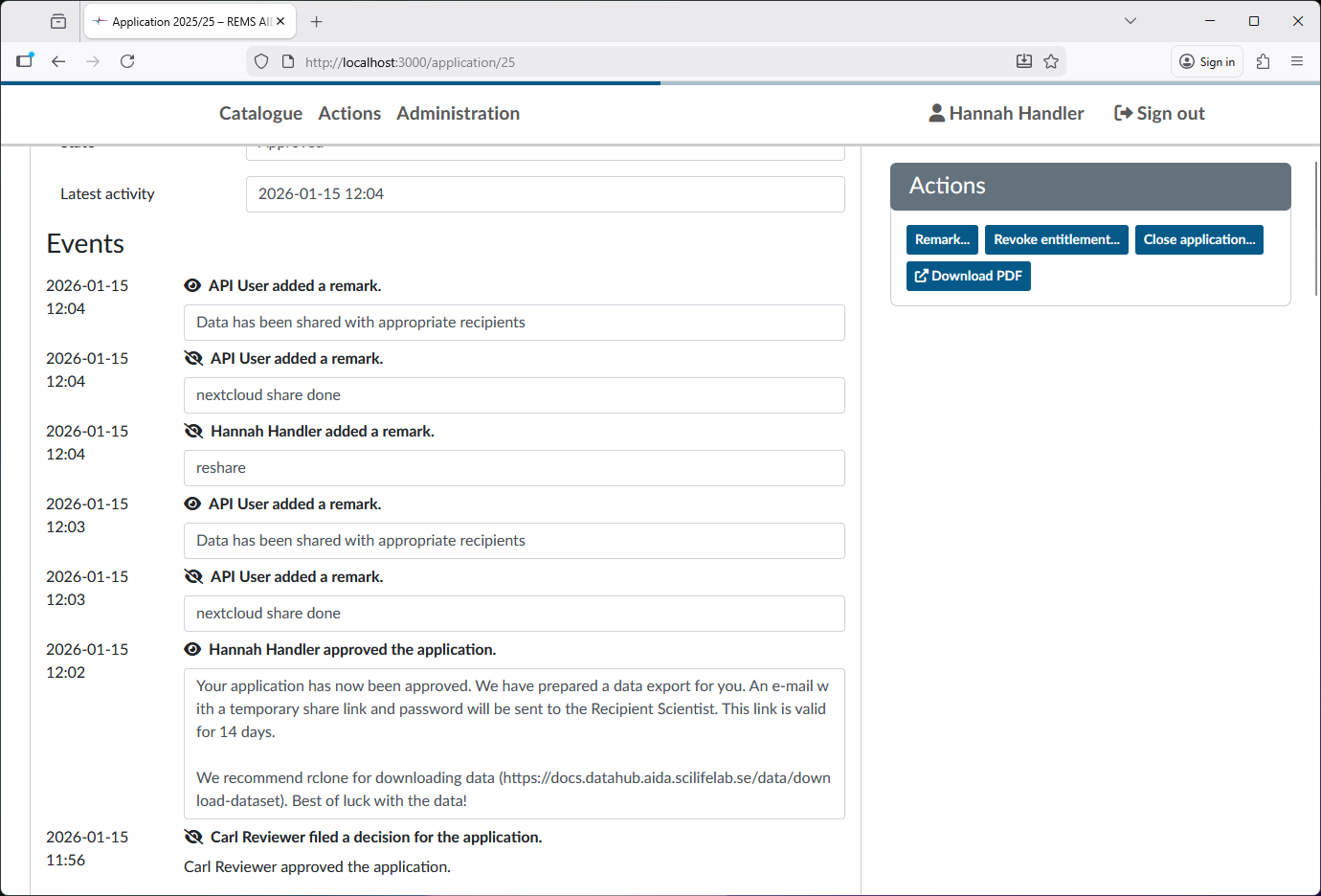 View of the events of approved applications, showing the "reshare" remark and the subsequent share events.