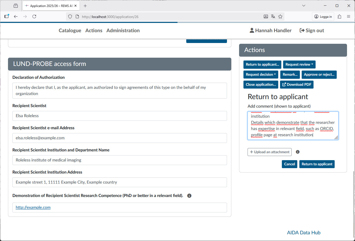 View of a submitted application, with the "Return to applicant" action initiated