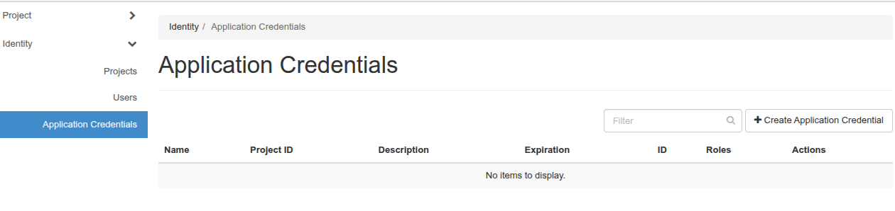 The application credentials panel