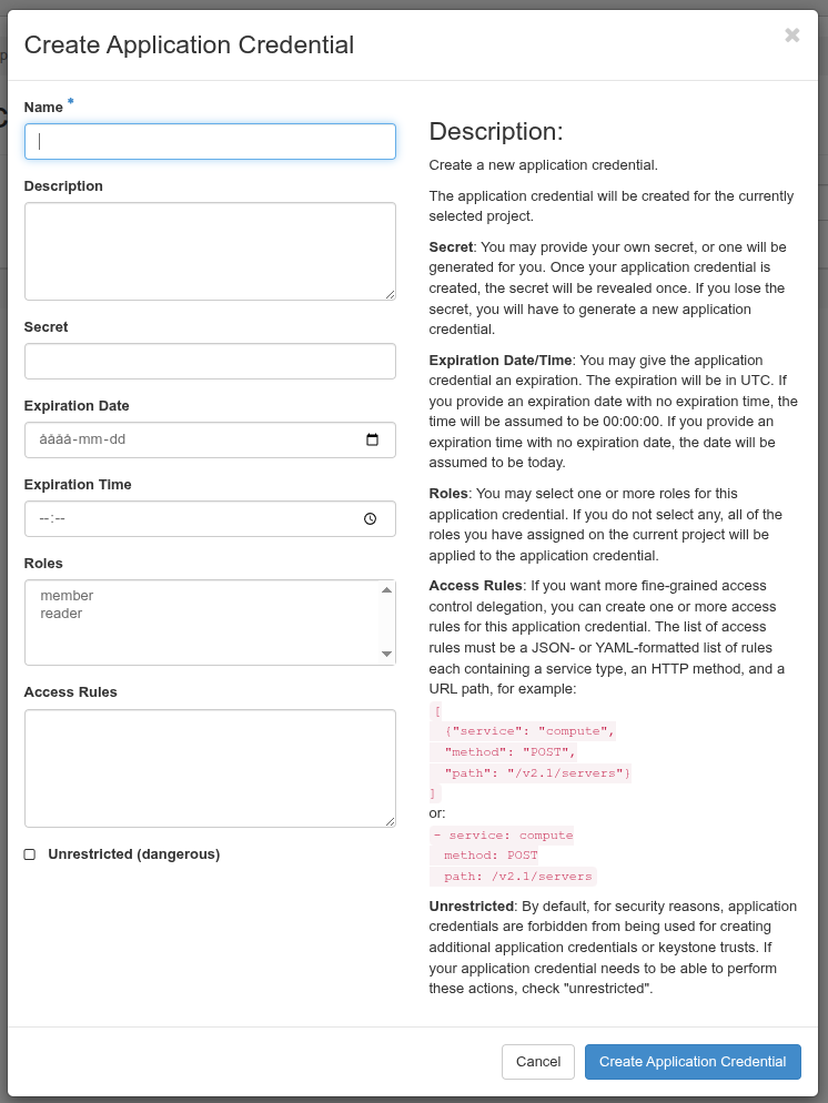 The application credentials creation view
