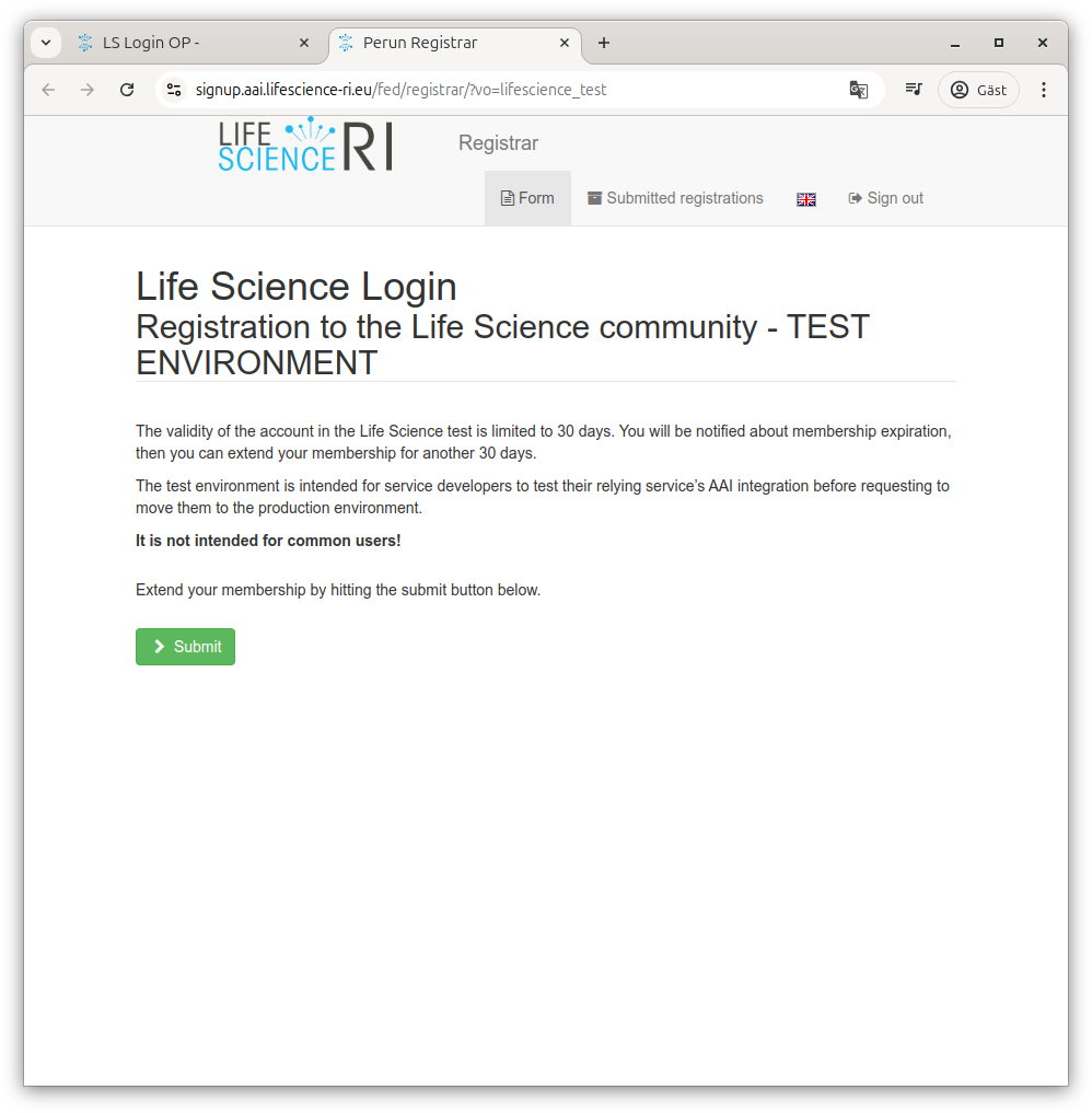 Test environment registration