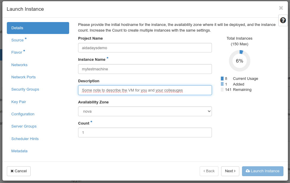 Instance launcher details screen