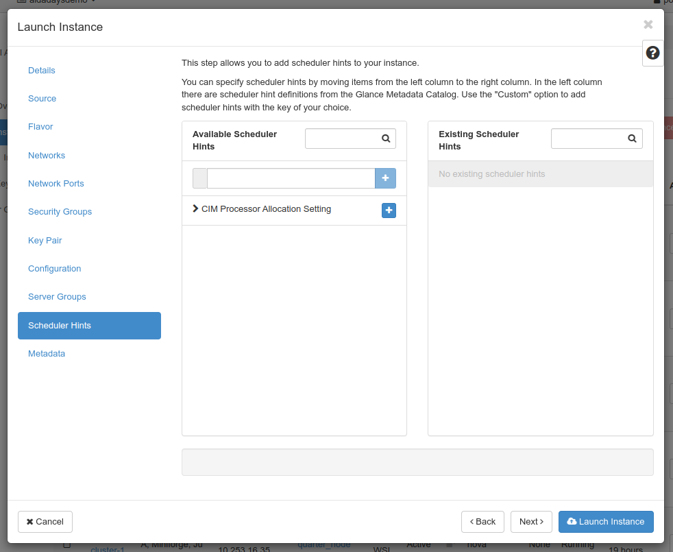 Instance launcher scheduler hints screen