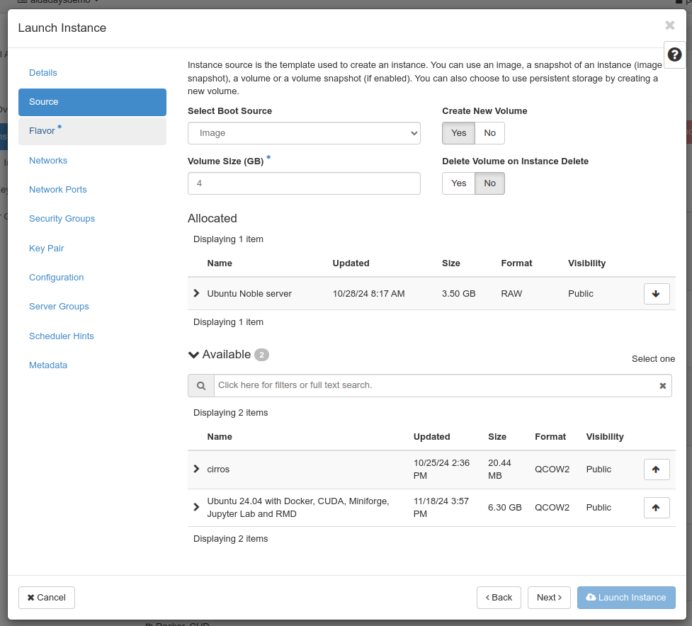 Instance launcher source screen