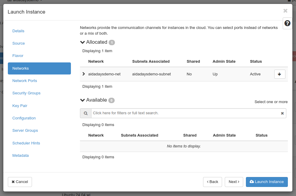 Instance launcher network screen