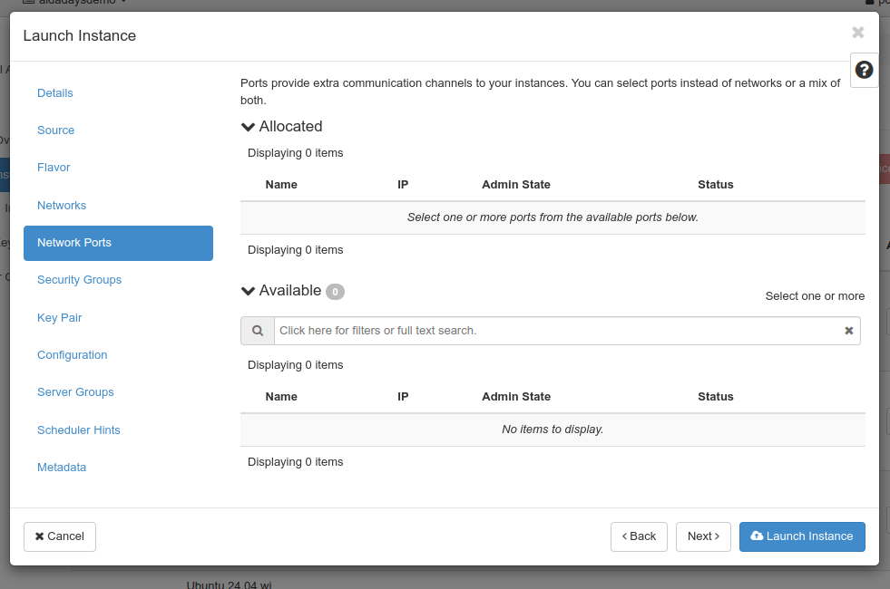 Instance launcher network port screen