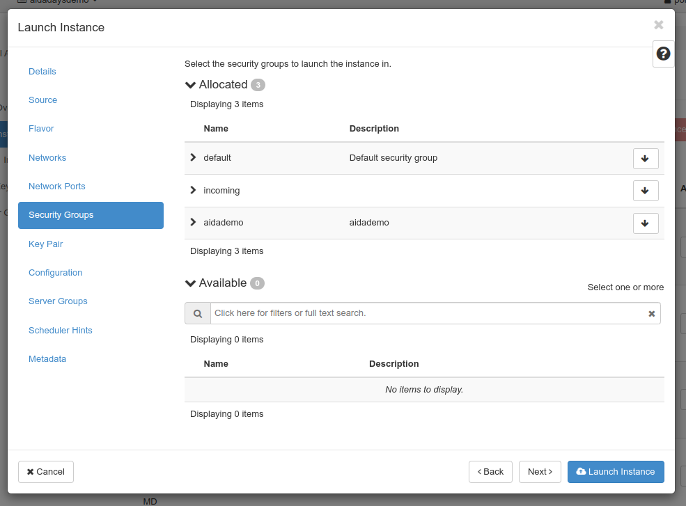 Instance launcher security groups screen