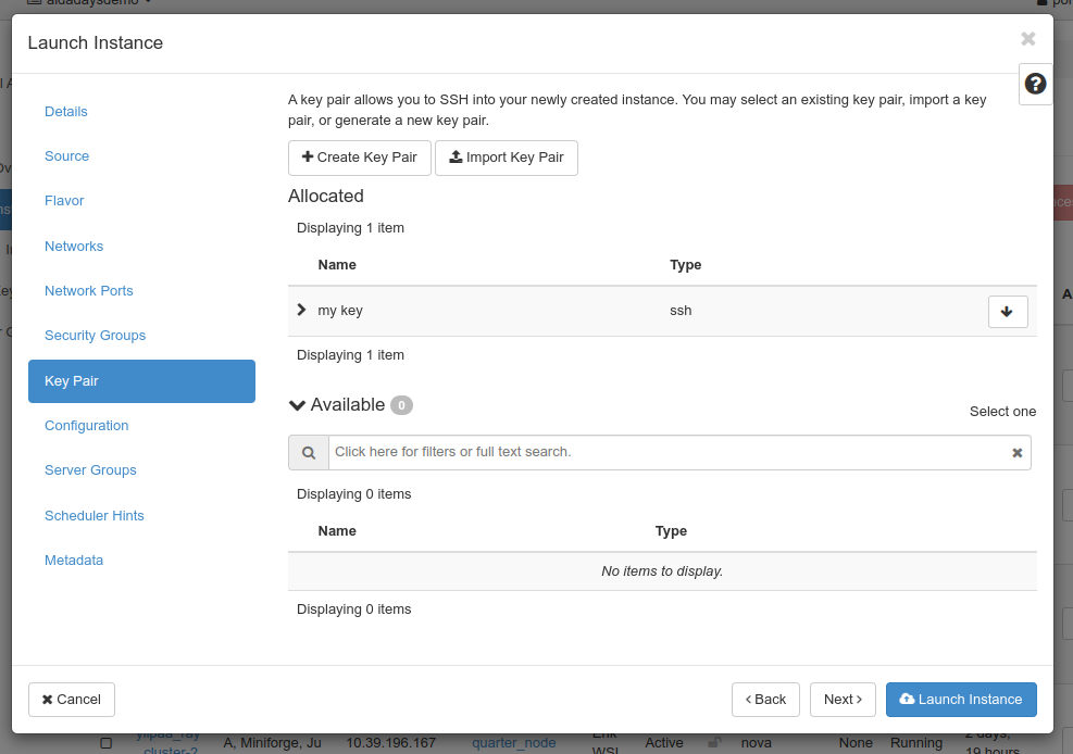 Instance launcher key pair screen